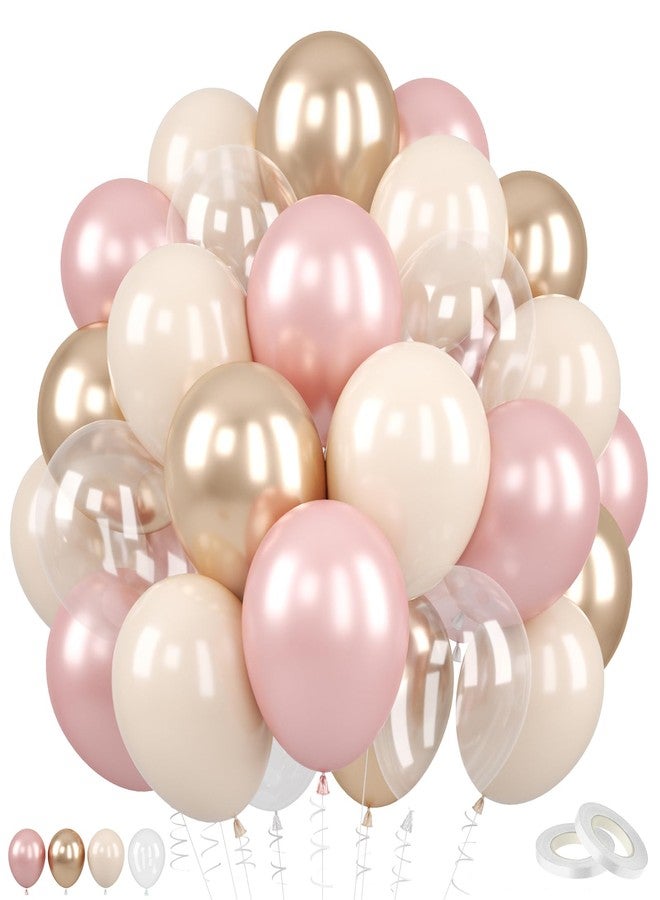 Biapian Dusty Pink and Gold Balloons, 60PCS Double Stuffed Pearl Blush Pink Balloons, 12 Inch Apricot Champagne Gold Clear Balloons Helium for Women Girls Boho Birthday Wedding Bridal Shower Party Decorations - Image 1